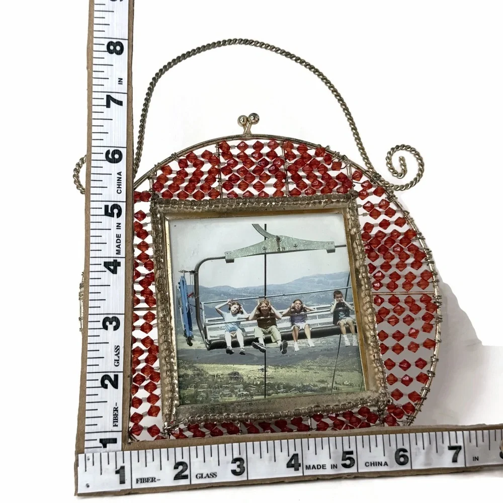 Vintage Purse Red Beaded Gold Tone Metal Picture Frame